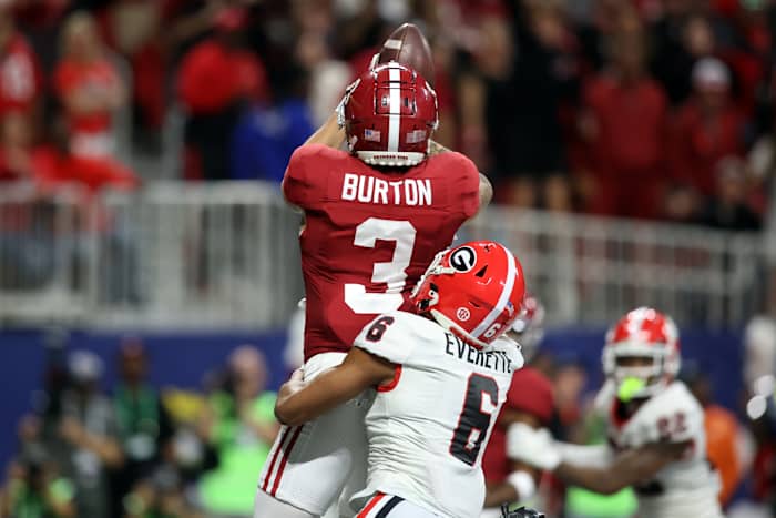 Dec 2, 2023; Atlanta, GA, USA; Alabama Crimson Tide wide receiver Jermaine Burton (3) catches a pass for a touchdown against Georgia Bulldogs defensive back Daylen Everette (6) in the second quarter at Mercedes-Benz Stadium. Mandatory Credit: Brett Davis-USA TODAY Sports